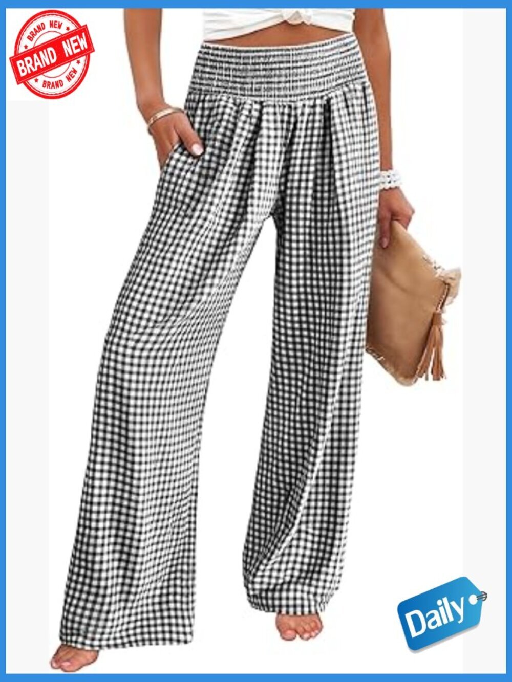 Women's Casual Palazzo Pants Wide Leg High Waisted Elastic Waist Pockets